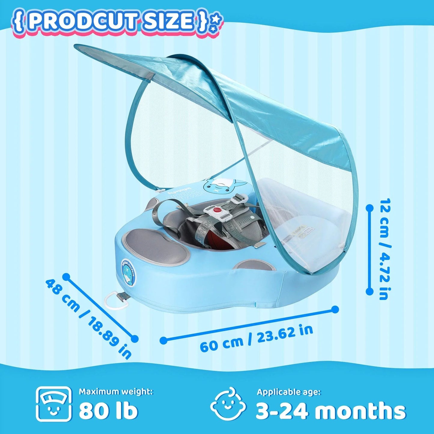 Blue UV Sunshade Baby Swim Float - Size Description