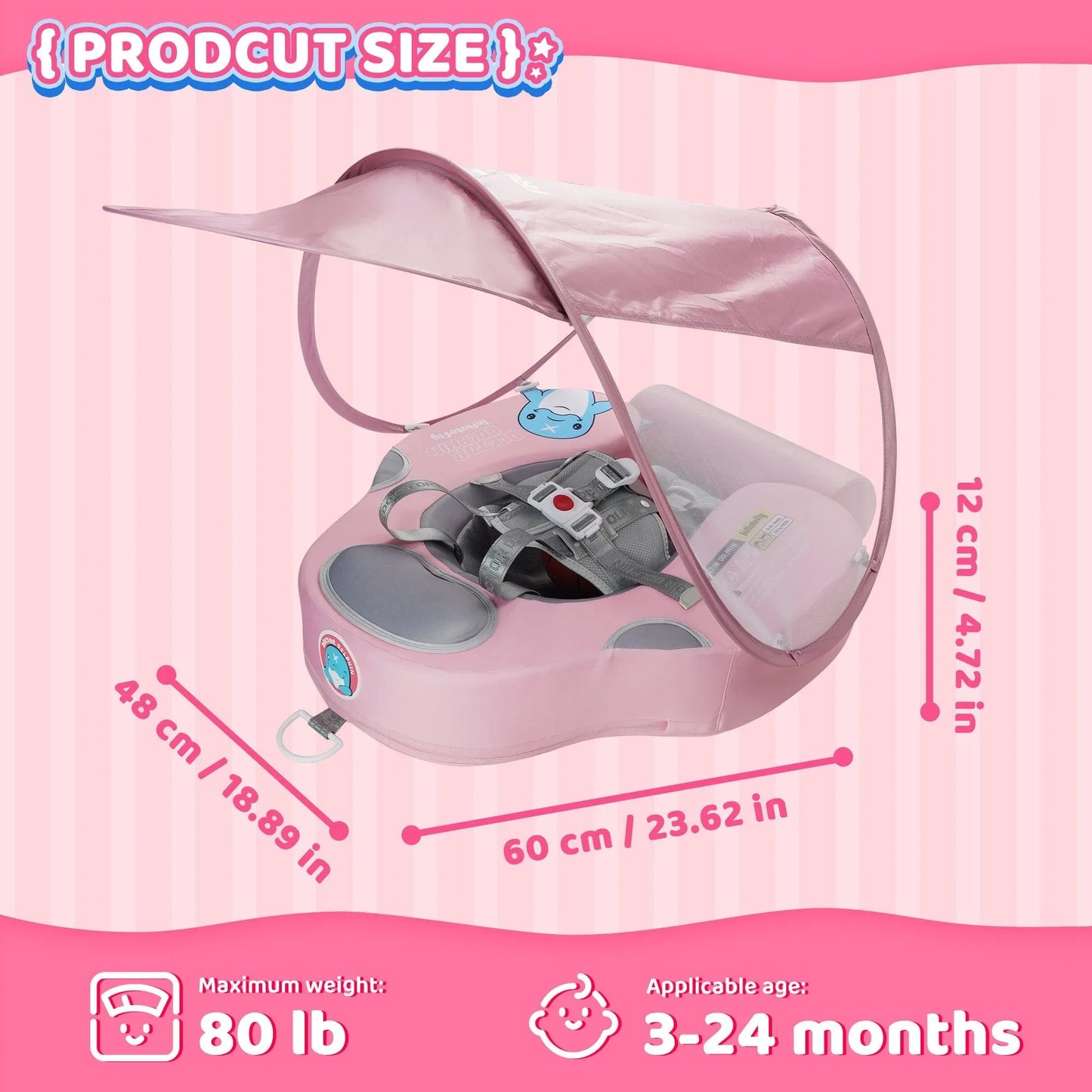 Pink UV Sunshade Baby Swim Float - Size Description