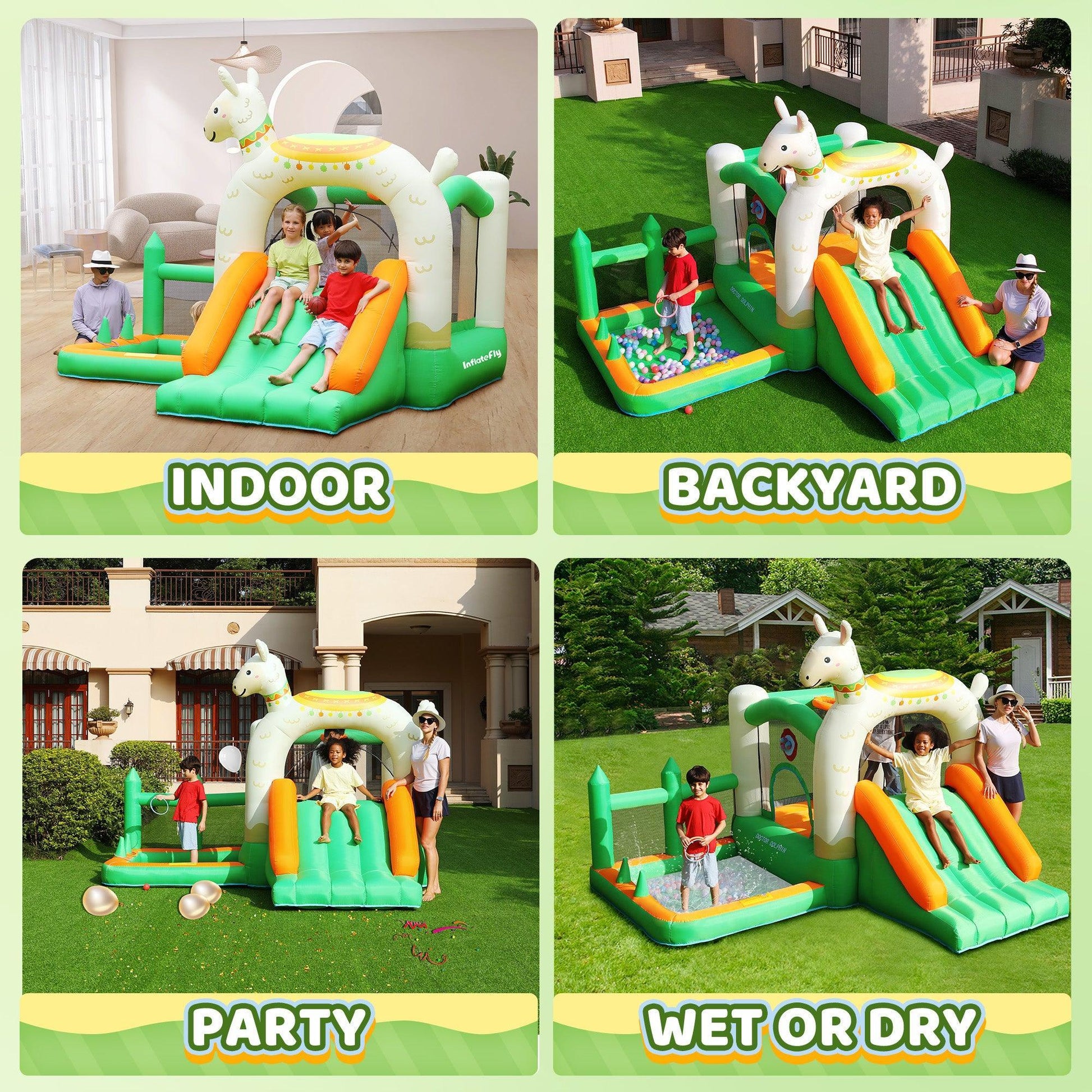Alpaca themed bouncy castle can be used in different scenarios indoor and outdoor, wet and dry, perfect for parties.