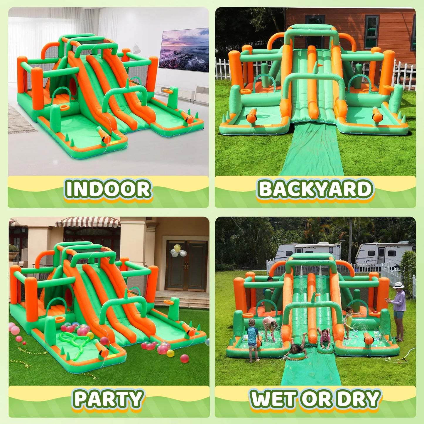 Waterslide Bouncy House Water Park can be used in different scenarios indoor and outdoor, wet and dry, perfect for parties.