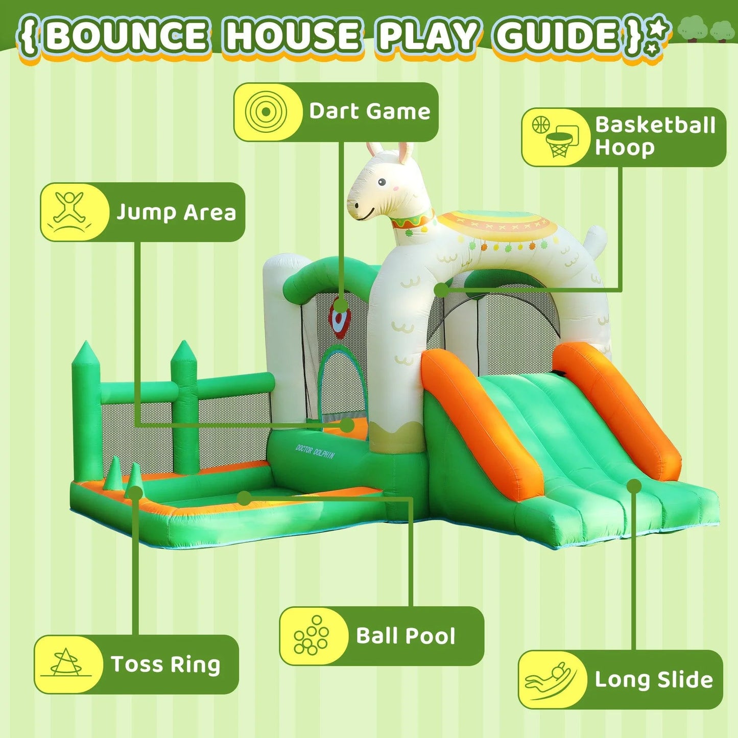 Alpaca theme bouncy castle function area description: including dart game, basketball hoop, jump area, toss ring, ball pool and long slide