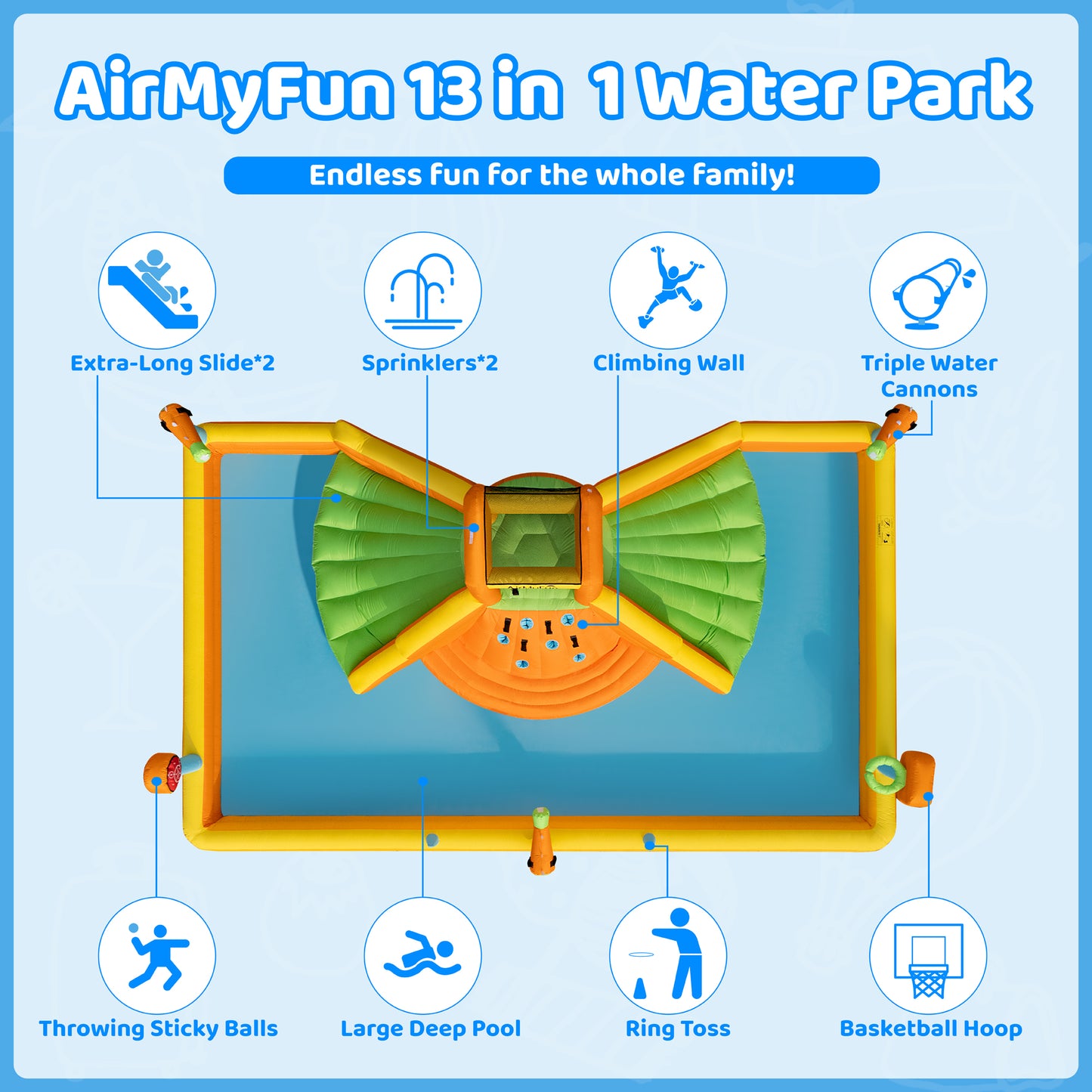 INFLATEFLY Inflatable Bounce House, Double Water Slide Bounce House with Climbing Wall, Jumping, Water Gun, Splash Pool, Basketball Hoop, Muti-functional Water Park for Kids Indoor Outdoor Backyard
