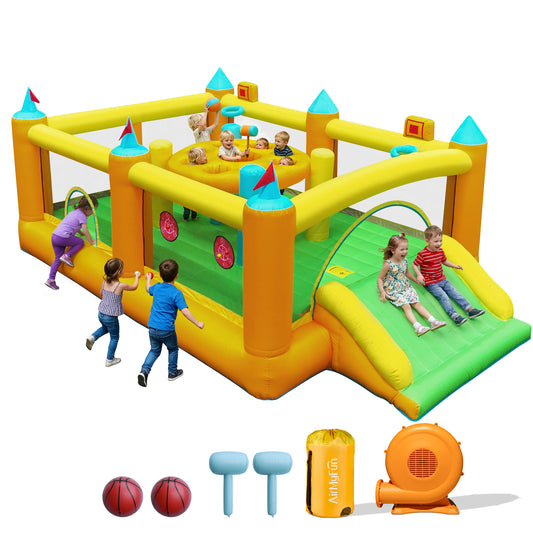 INFLATEFLY Inflatable Bounce House Whack-a-Mole Game, Large Slide, Bouncing Area, 2 Basketball Hoops, 2 Sticky Targets, for Ages 3-8 18 x 11 x 6.6 ft