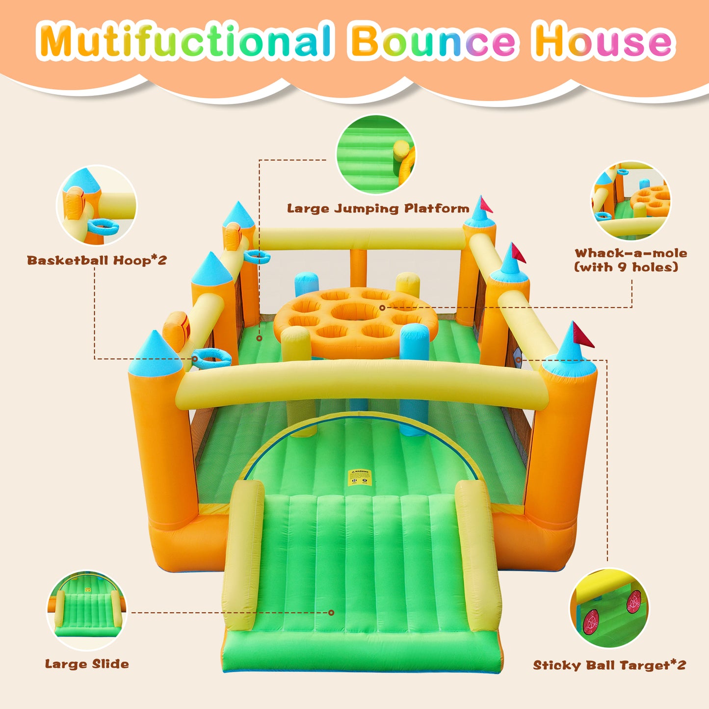 INFLATEFLY Inflatable Bounce House Whack-a-Mole Game, Large Slide, Bouncing Area, 2 Basketball Hoops, 2 Sticky Targets, for Ages 3-8 18 x 11 x 6.6 ft