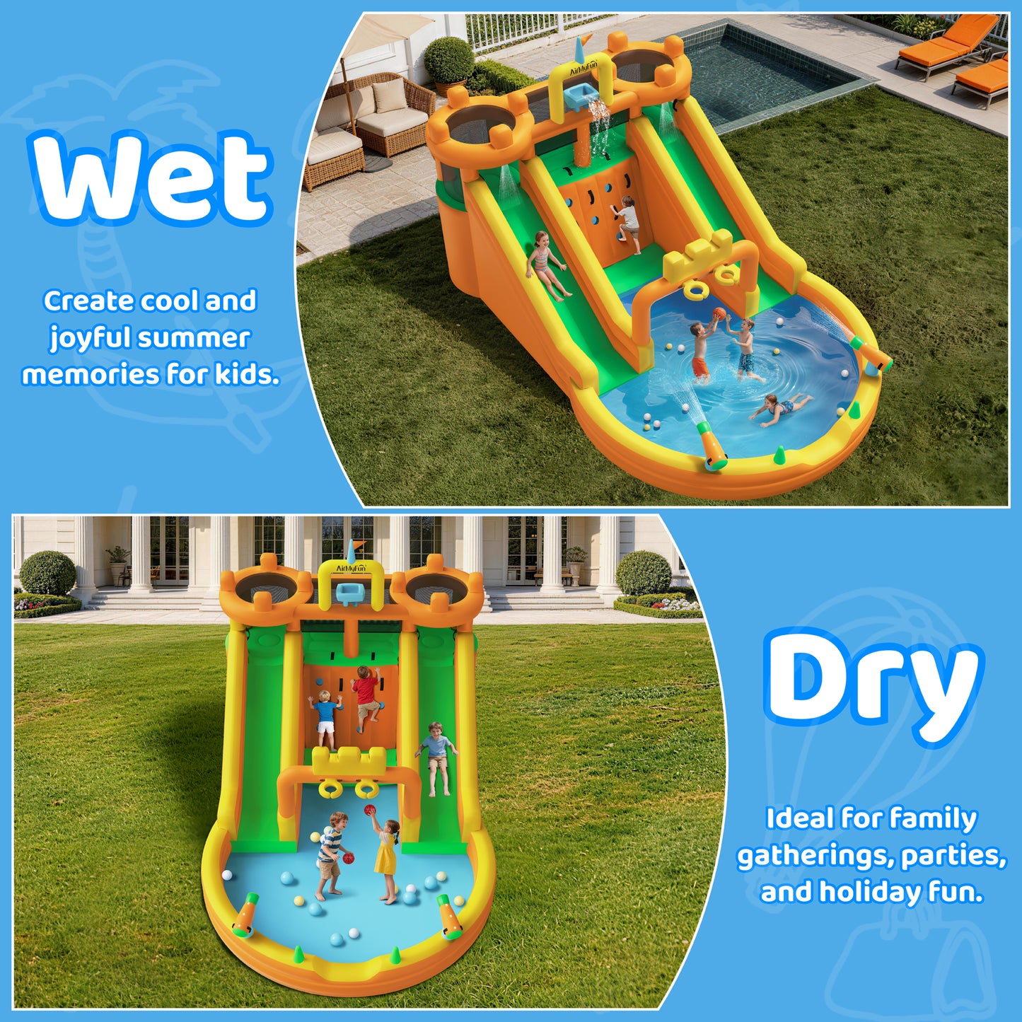 INFLATEFLY Inflatable Water Slide, 10 in 1 Multifunctional Water Park for Kids Backyard with Double Slides, Climbing Wall,2 Basketball Hoop,Dual Water Cannons, Inflatable Water Bounce House with Blower