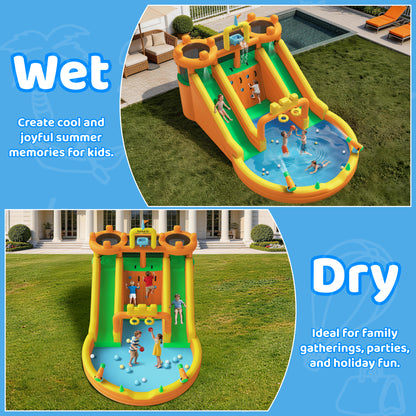 INFLATEFLY Inflatable Water Slide, 10 in 1 Multifunctional Water Park for Kids Backyard with Double Slides, Climbing Wall,2 Basketball Hoop,Dual Water Cannons, Inflatable Water Bounce House with Blower
