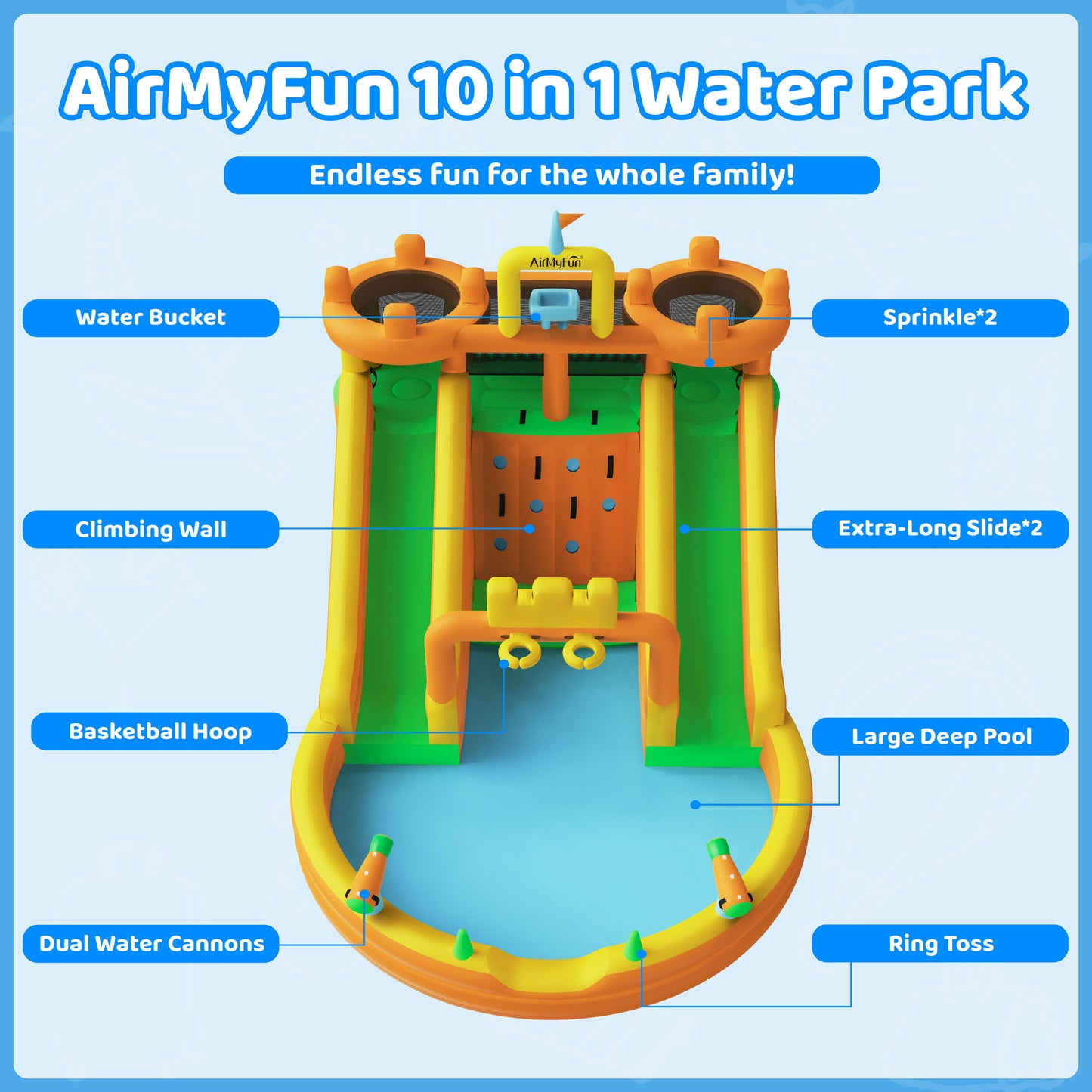INFLATEFLY Inflatable Water Slide, 10 in 1 Multifunctional Water Park for Kids Backyard with Double Slides, Climbing Wall,2 Basketball Hoop,Dual Water Cannons, Inflatable Water Bounce House with Blower