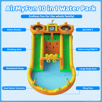 INFLATEFLY Inflatable Water Slide, 10 in 1 Multifunctional Water Park for Kids Backyard with Double Slides, Climbing Wall,2 Basketball Hoop,Dual Water Cannons, Inflatable Water Bounce House with Blower