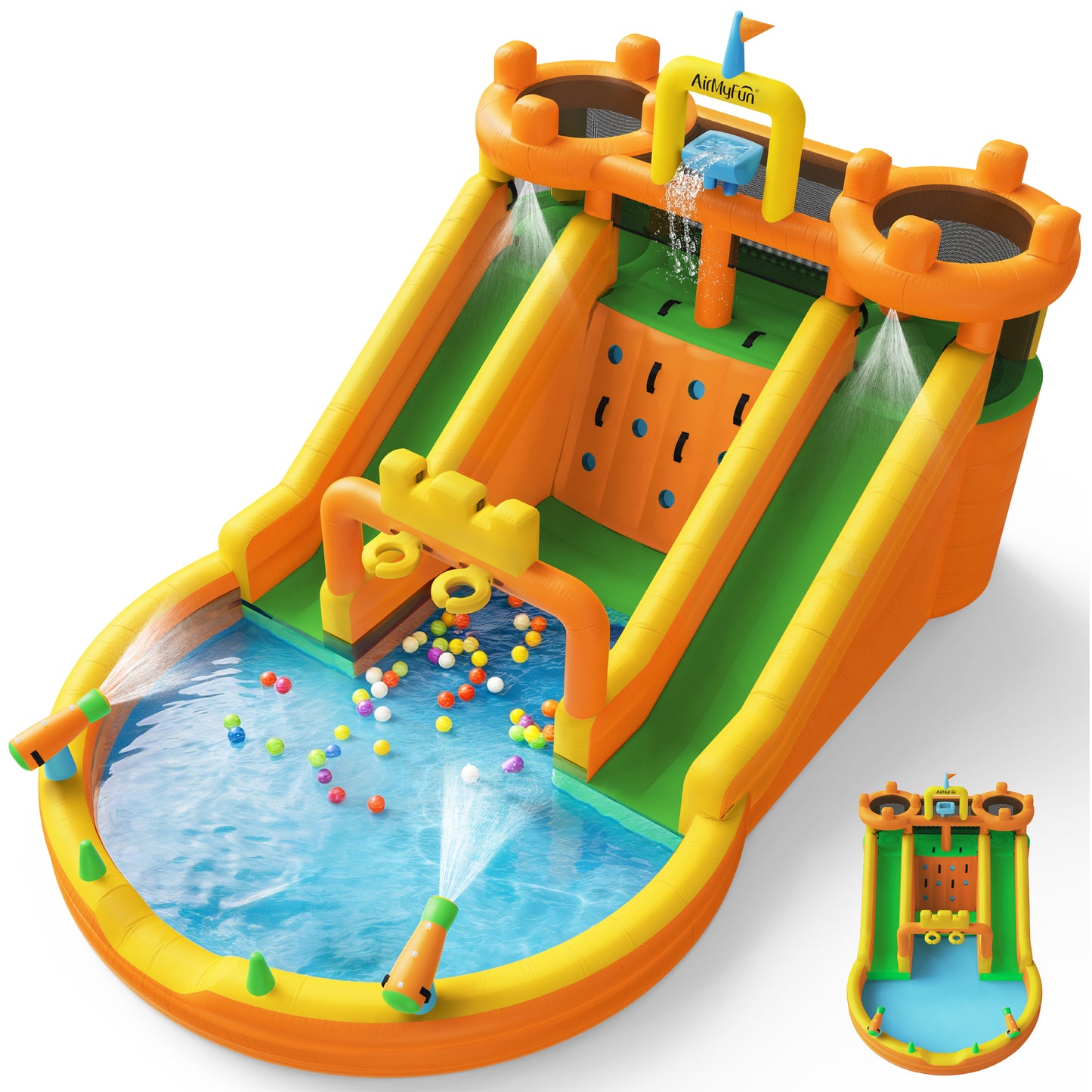 INFLATEFLY Inflatable Water Slide, 10 in 1 Multifunctional Water Park for Kids Backyard with Double Slides, Climbing Wall,2 Basketball Hoop,Dual Water Cannons, Inflatable Water Bounce House with Blower