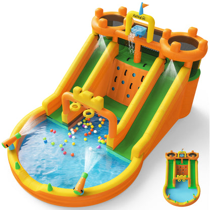 INFLATEFLY Inflatable Water Slide, 10 in 1 Multifunctional Water Park for Kids Backyard with Double Slides, Climbing Wall,2 Basketball Hoop,Dual Water Cannons, Inflatable Water Bounce House with Blower