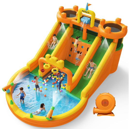 INFLATEFLY Inflatable Water Slide, 10 in 1 Multifunctional Water Park for Kids Backyard with Double Slides, Climbing Wall,2 Basketball Hoop,Dual Water Cannons, Inflatable Water Bounce House with Blower