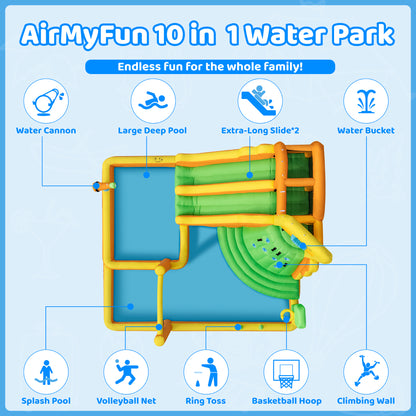 INFLATEFLY Inflatable Water Slide,11 IN 1 Inflatable Bounce House With Dual Slide,Pool, Basketball Hoop, Water Cannon, Climbing Wall, Large Kid Water Park For Backyard Activity,Outdoor Water Play Toy