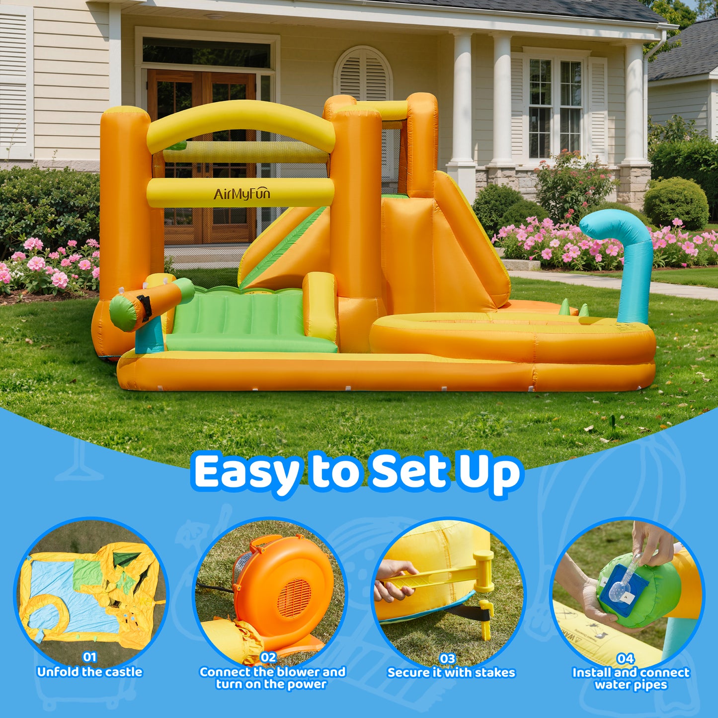 INFLATEFLY Inflatable Water Slide, 9-in-1 Bounce House Water Park with Trampoline, Pool, Climbing Wall, Water Cannon, Slides and Basketball Hoop, Kid Bouncy Castle for Outdoor Indoor Backyard Fun