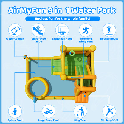 INFLATEFLY Inflatable Water Slide, 9-in-1 Bounce House Water Park with Trampoline, Pool, Climbing Wall, Water Cannon, Slides and Basketball Hoop, Kid Bouncy Castle for Outdoor Indoor Backyard Fun