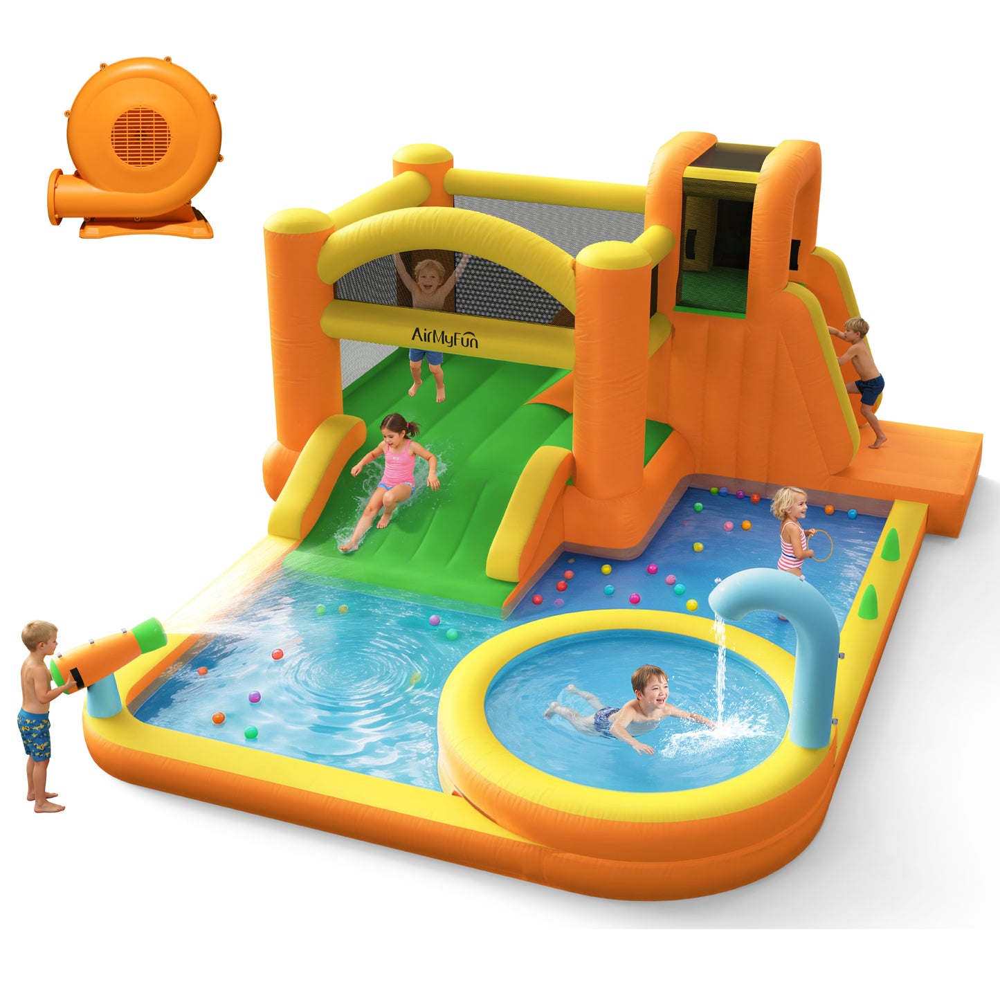 INFLATEFLY Inflatable Water Slide, 9-in-1 Bounce House Water Park with Trampoline, Pool, Climbing Wall, Water Cannon, Slides and Basketball Hoop, Kid Bouncy Castle for Outdoor Indoor Backyard Fun