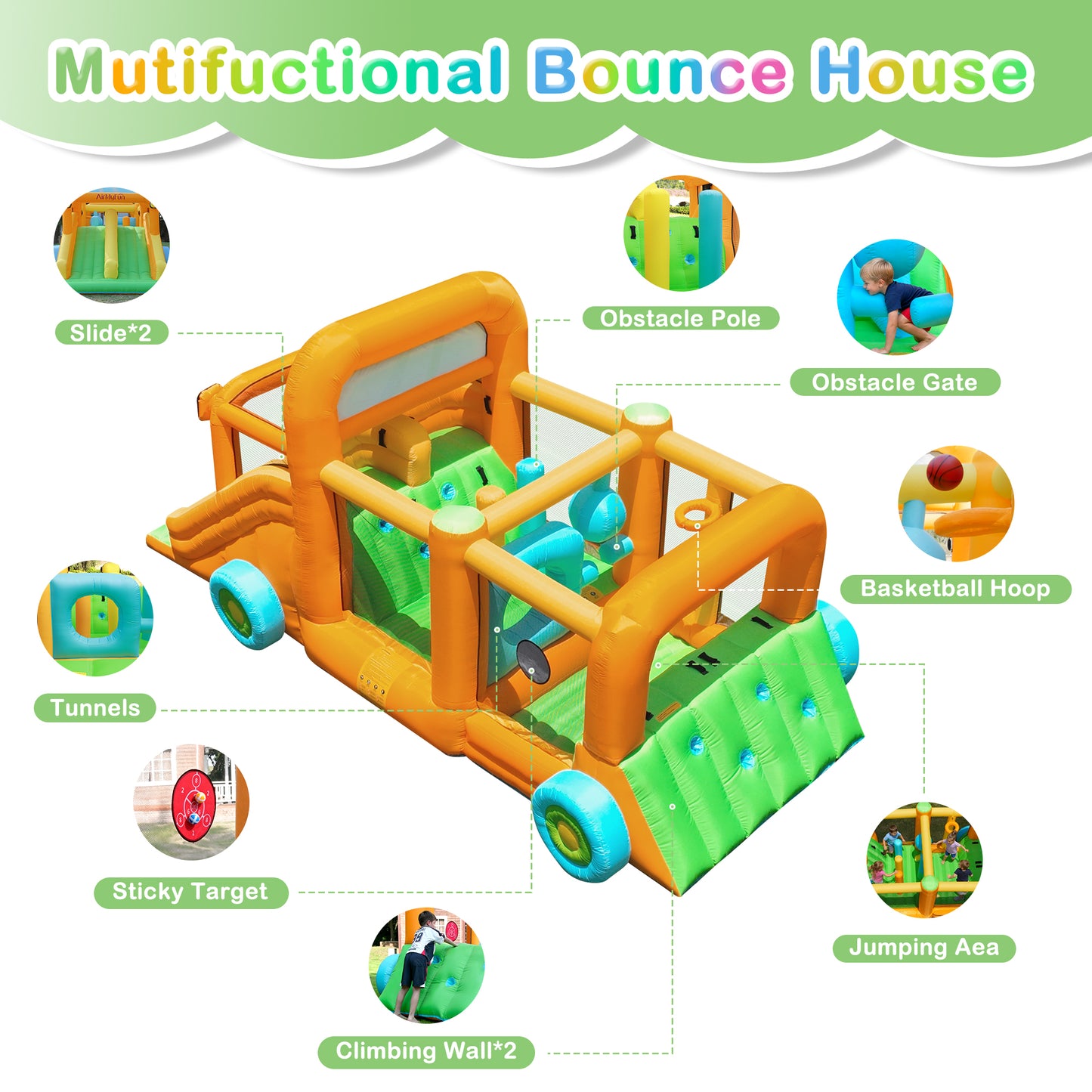 INFLATEFLY Inflatable Bounce House, Car Theme Indoor & Outdoor Play Center with 2 Slides, Basketball Hoop, Obstacle Course, for Ages 3-8