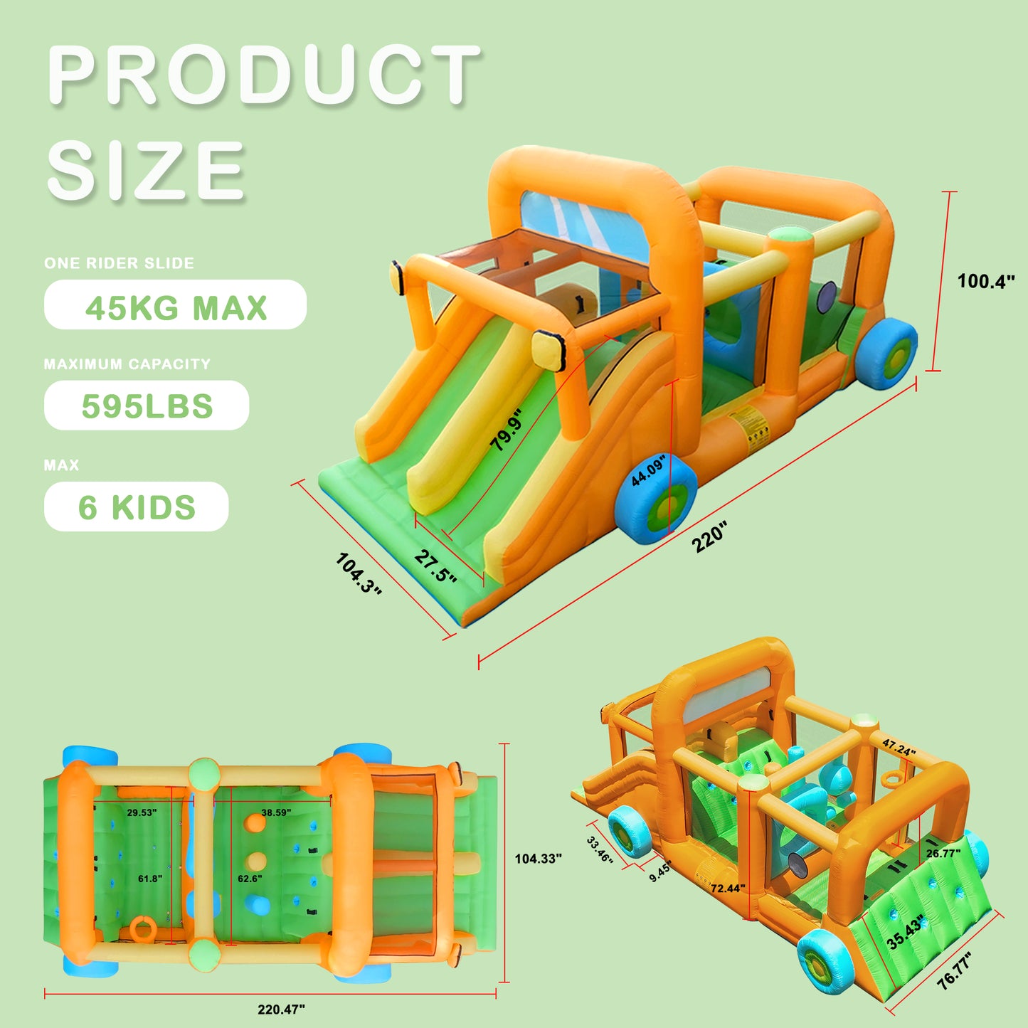 INFLATEFLY Inflatable Bounce House, Car Theme Indoor & Outdoor Play Center with 2 Slides, Basketball Hoop, Obstacle Course, for Ages 3-8