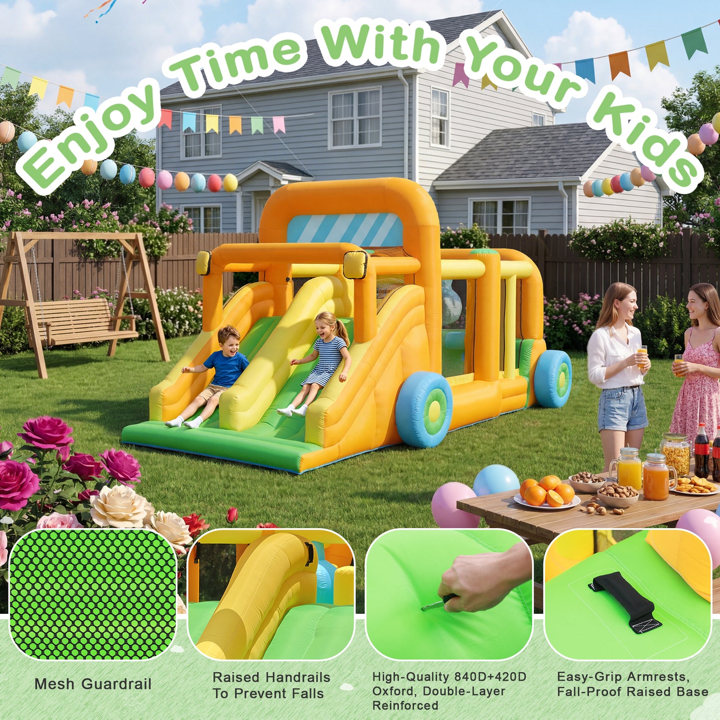 INFLATEFLY Inflatable Bounce House, Car Theme Indoor & Outdoor Play Center with 2 Slides, Basketball Hoop, Obstacle Course, for Ages 3-8