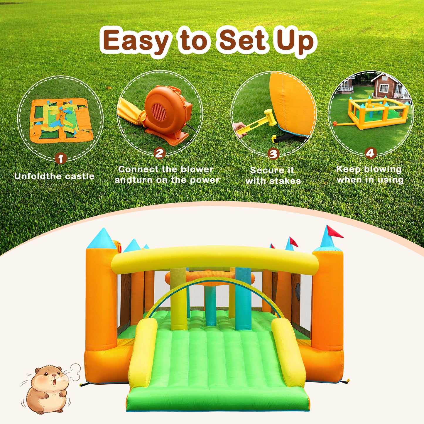 INFLATEFLY Inflatable Bounce House Whack-a-Mole Game, Large Slide, Bouncing Area, 2 Basketball Hoops, 2 Sticky Targets, for Ages 3-8 18 x 11 x 6.6 ft