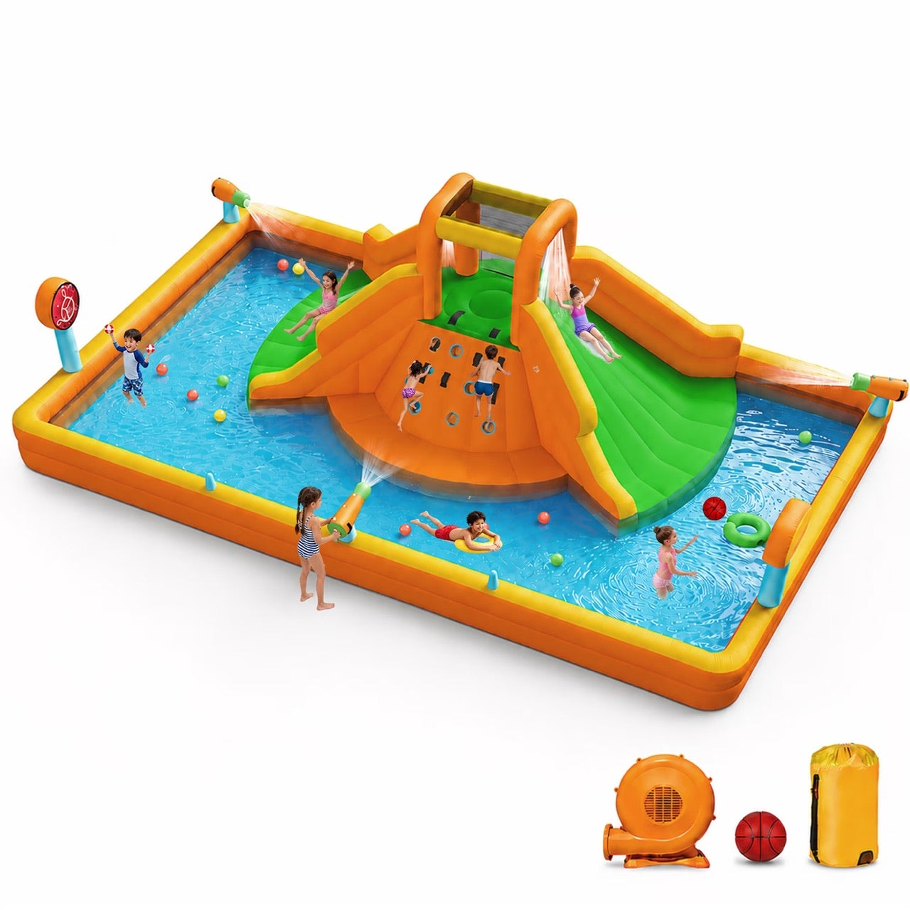 INFLATEFLY Inflatable Bounce House, Double Water Slide Bounce House with Climbing Wall, Jumping, Water Gun, Splash Pool, Basketball Hoop, Muti-functional Water Park for Kids Indoor Outdoor Backyard