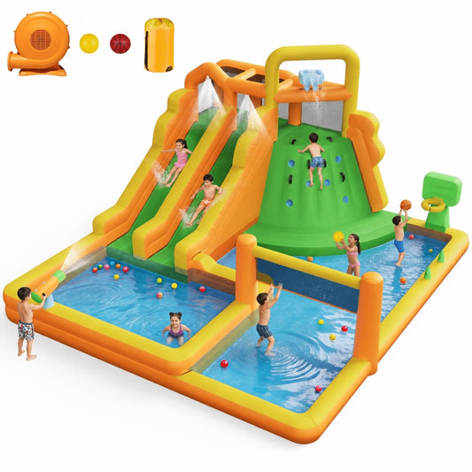 NFLATEFLY Inflatable Water Slide,11 IN 1 Inflatable Bounce House With Dual Slide,Pool, Basketball Hoop, Water Cannon, Climbing Wall, Large Kid Water Park For Backyard Activity,Outdoor Water Play Toy