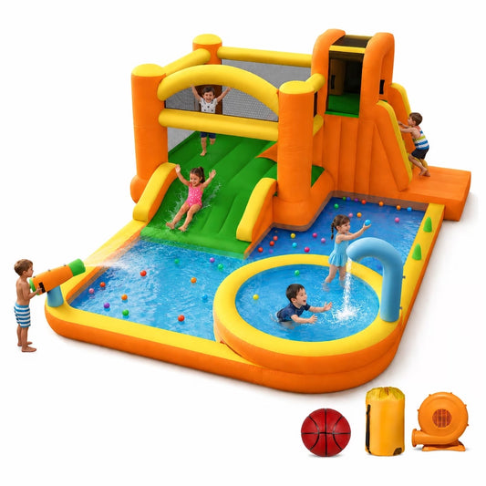 INFLATEFLY Inflatable Water Slide, 9-in-1 Bounce House Water Park with Trampoline, Pool, Climbing Wall, Water Cannon, Slides and Basketball Hoop, Kid Bouncy Castle for Outdoor Indoor Backyard Fun