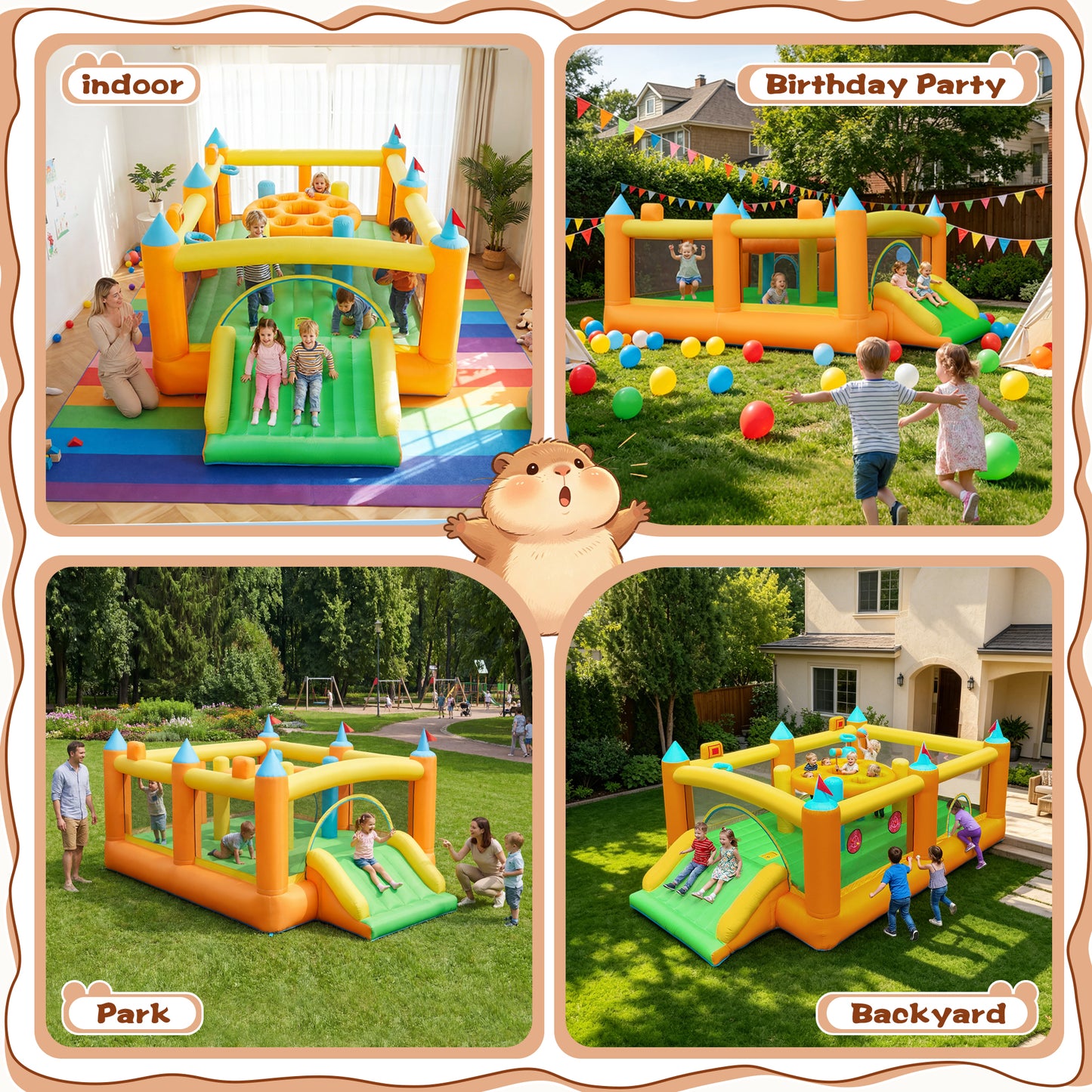 INFLATEFLY Inflatable Bounce House Whack-a-Mole Game, Large Slide, Bouncing Area, 2 Basketball Hoops, 2 Sticky Targets, for Ages 3-8 18 x 11 x 6.6 ft