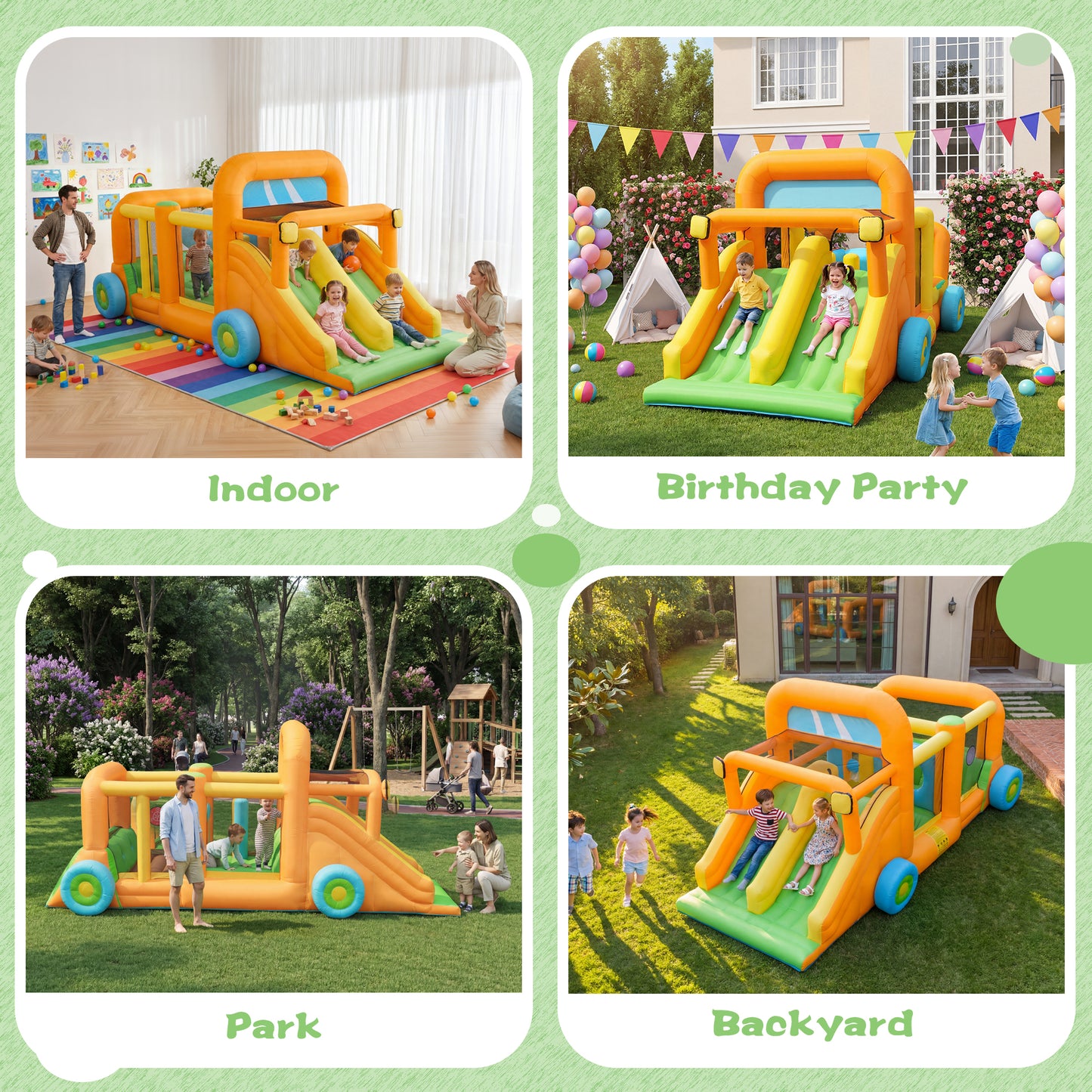 INFLATEFLY Inflatable Bounce House, Car Theme Indoor & Outdoor Play Center with 2 Slides, Basketball Hoop, Obstacle Course, for Ages 3-8