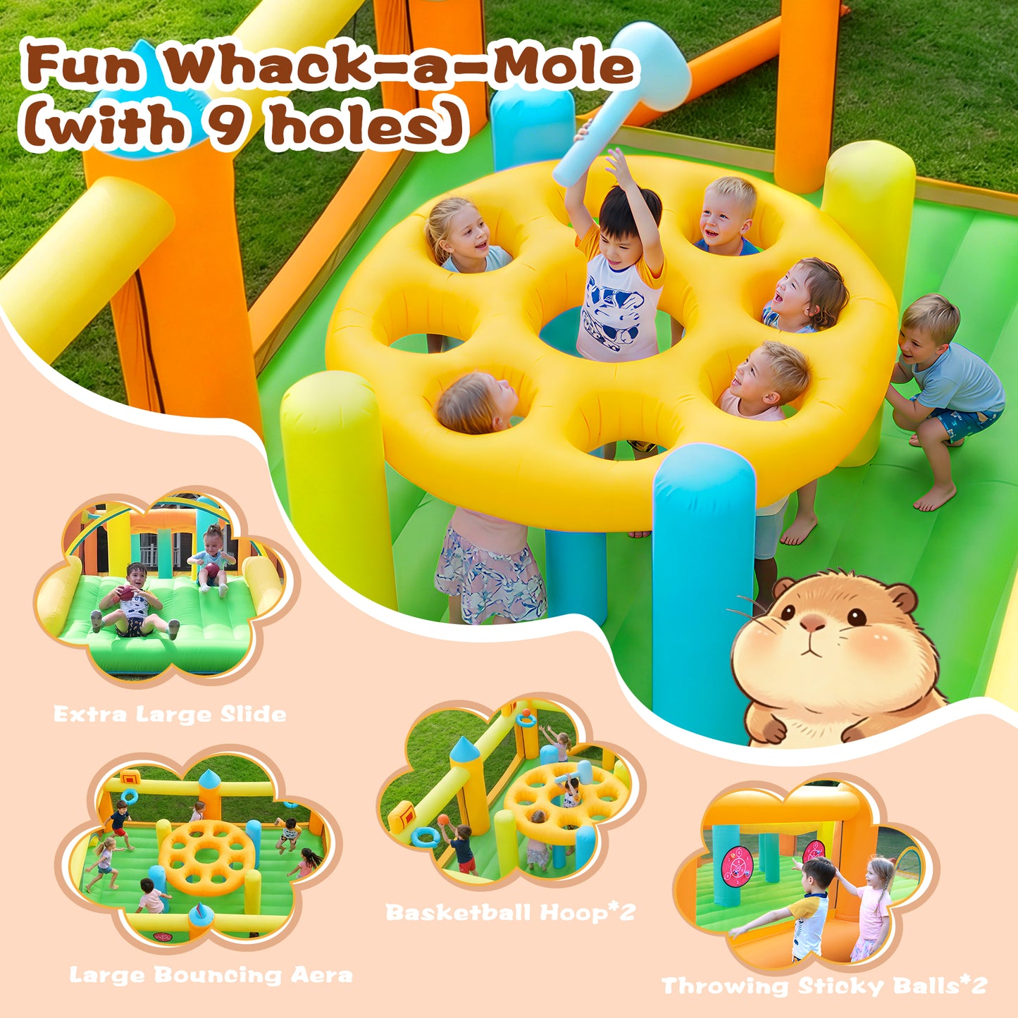 INFLATEFLY Inflatable Bounce House Whack-a-Mole Game, Large Slide, Bouncing Area, 2 Basketball Hoops, 2 Sticky Targets, for Ages 3-8 18 x 11 x 6.6 ft