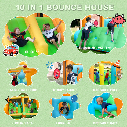 INFLATEFLY Inflatable Bounce House, Car Theme Indoor & Outdoor Play Center with 2 Slides, Basketball Hoop, Obstacle Course, for Ages 3-8