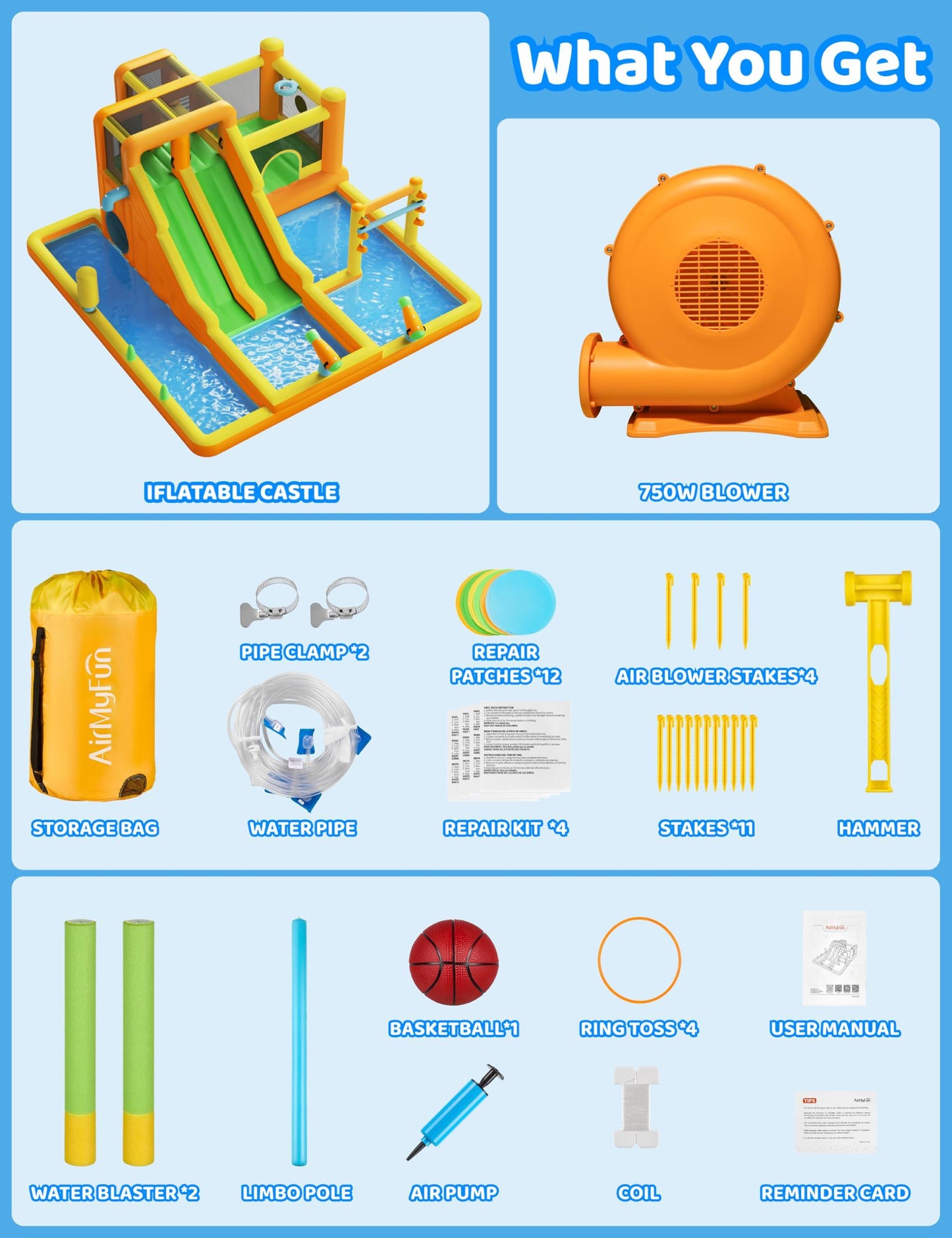 INFLATEFLY Inflatable Water Slide, 13 in 1 Water Bounce House for Kids Backyard with Double Slides,Splash Pool, Climbing Wall, 2 Water Cannons, Basketball Hoop, Inflatable Water Park with Blower