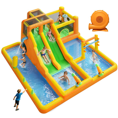 INFLATEFLY Inflatable Water Slide, 13 in 1 Water Bounce House for Kids Backyard with Double Slides,Splash Pool, Climbing Wall, 2 Water Cannons, Basketball Hoop, Inflatable Water Park with Blower