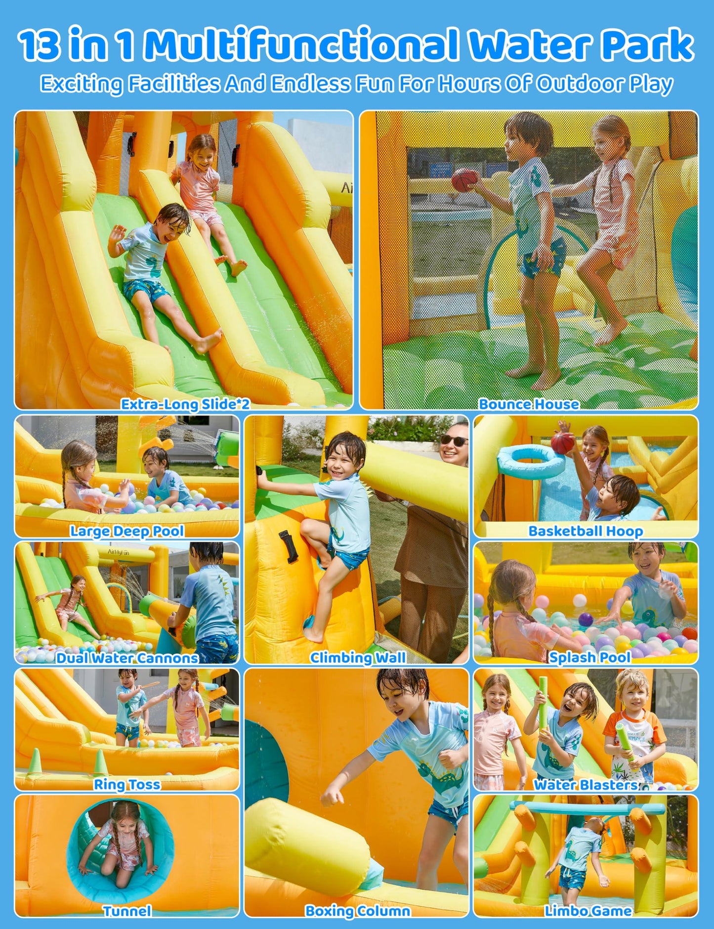INFLATEFLY Inflatable Water Slide, 13 in 1 Water Bounce House for Kids Backyard with Double Slides,Splash Pool, Climbing Wall, 2 Water Cannons, Basketball Hoop, Inflatable Water Park with Blower