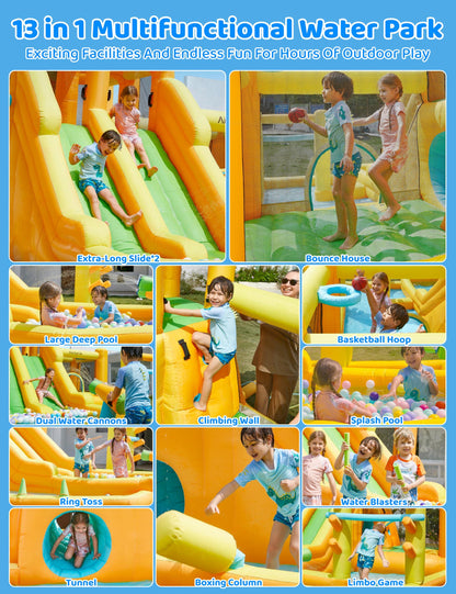 INFLATEFLY Inflatable Water Slide, 13 in 1 Water Bounce House for Kids Backyard with Double Slides,Splash Pool, Climbing Wall, 2 Water Cannons, Basketball Hoop, Inflatable Water Park with Blower