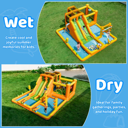 INFLATEFLY Inflatable Water Slide, 13 in 1 Water Bounce House for Kids Backyard with Double Slides,Splash Pool, Climbing Wall, 2 Water Cannons, Basketball Hoop, Inflatable Water Park with Blower